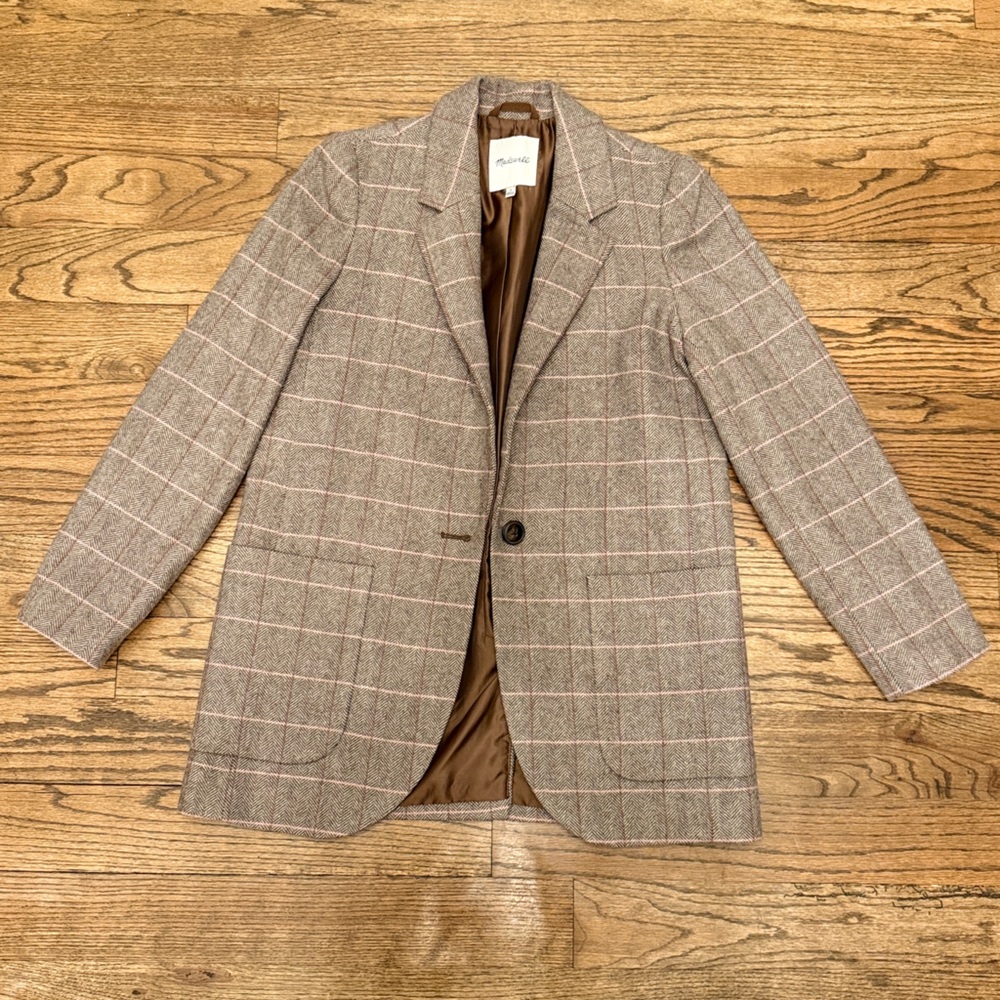 Madewell Plaid Herringbone Blazer Jacket Brown Pink Check Small
